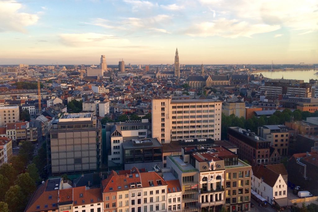 Antwerp skyline at sunset