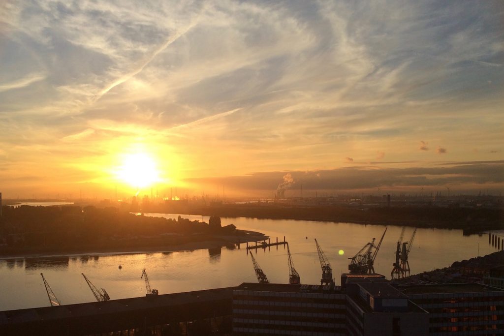sunset at Antwerp harbor